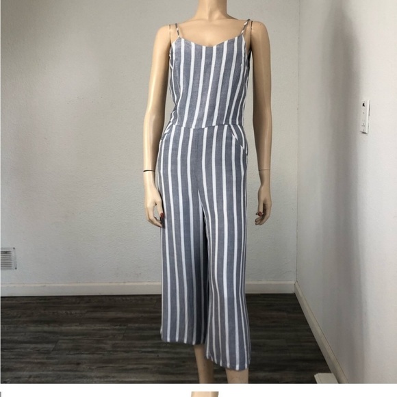 BELLE VERÉ sleeveless V-neck jumpsuit relax fit/stripe print minimalist - Picture 3 of 16